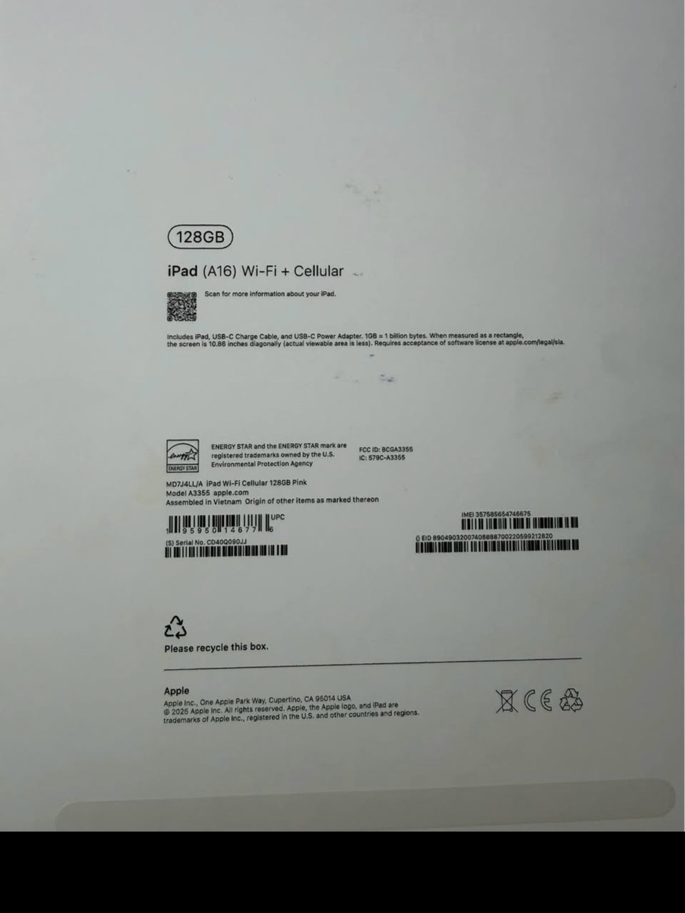 Apple iPad 128GB Wi‑Fi + Cellular Pink Box